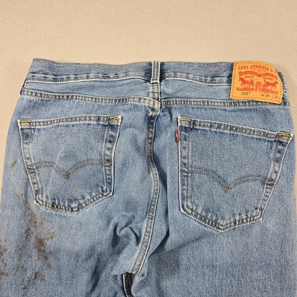 Levi's Mens 36x30 Blue Jeans 505 Regular Fit Straight Leg Distressed Stained